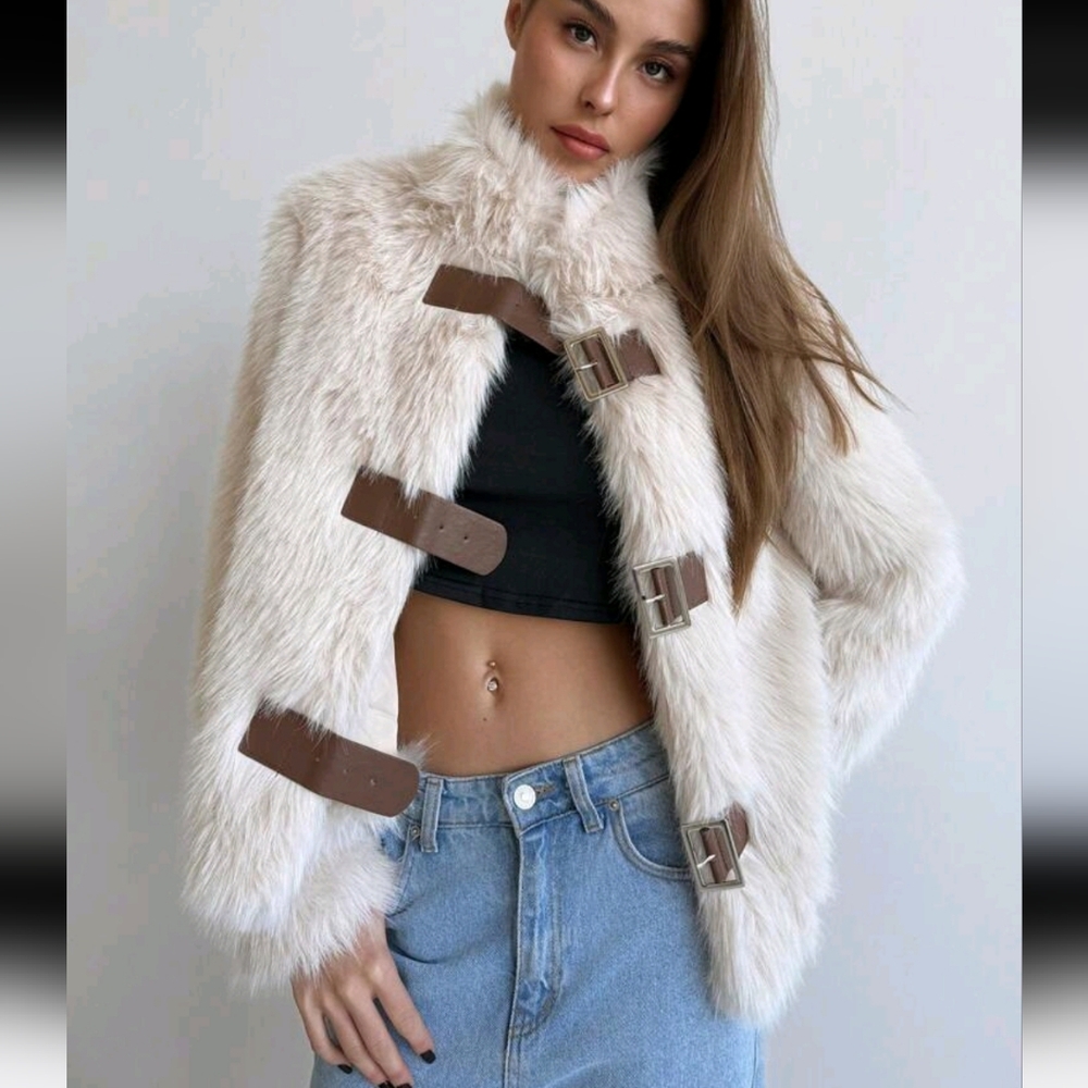 Women Stand Collar Fitted Long Sleeve Fluffy Button Apricot Jacket, Warm - Picture 3 of 8